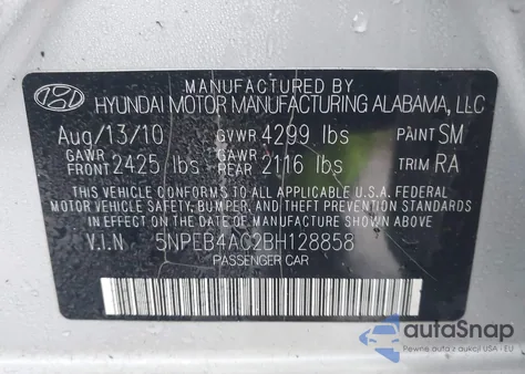 2011 Hyundai Sonata Gls z USA, uszkodzony, nr VIN 5NPEB4AC2BH128858